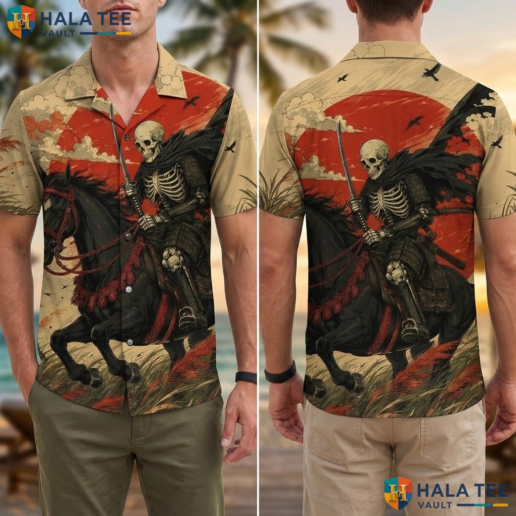 Funny Skeleton Riding Aloha Shirt Bold Graphic Mens Tropical Vacation Wear Adult