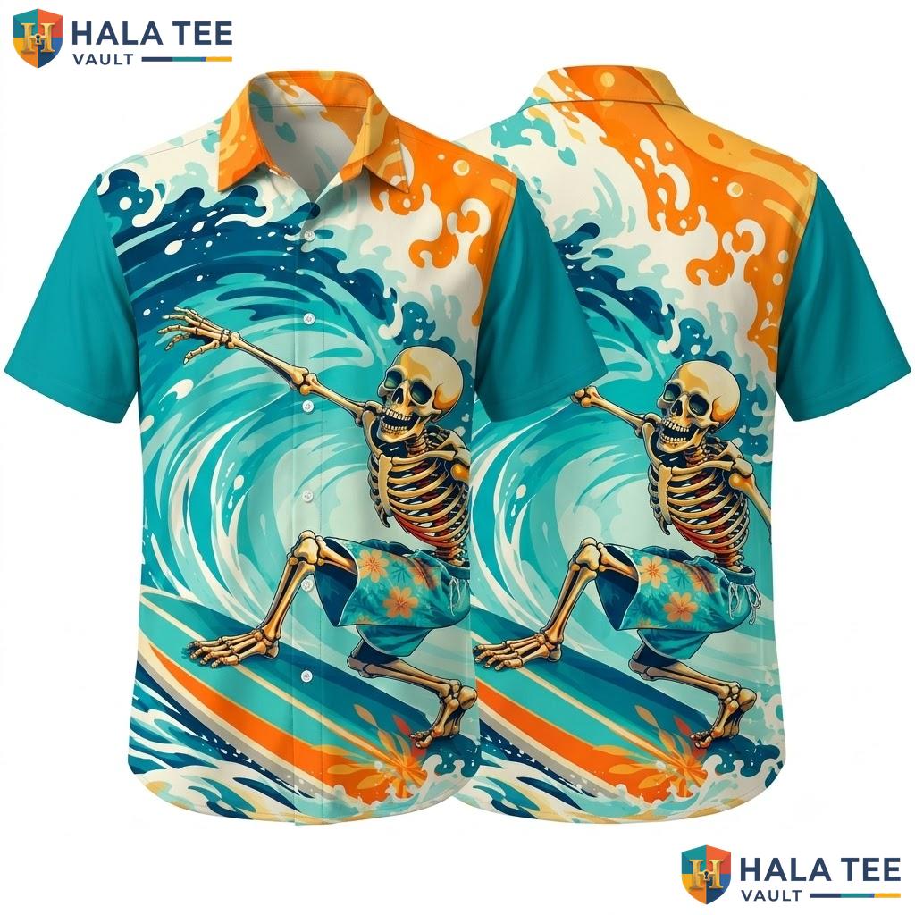 Funny Skeleton Surfing Hawaiian Shirt Vibrant Graphic Tropical Beach Top