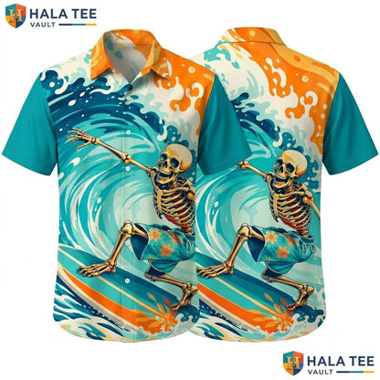 Funny Skeleton Surfing Hawaiian Shirt Vibrant Graphic Tropical Beach Top