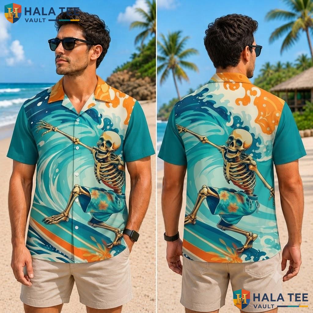 Funny Skeleton Surfing Hawaiian Shirt Vibrant Graphic Tropical Beach Top Adult