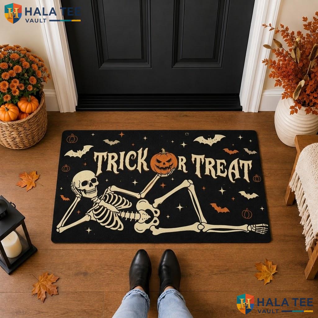 Funny Skull Halloween Front door mat Trick Or Treat Spooky Absorbent Welcome Rug