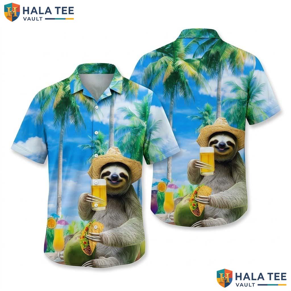 Funny Sloth Tropical Hawaiian Shirt Vibrant Tropical Palm Relaxed Button Up