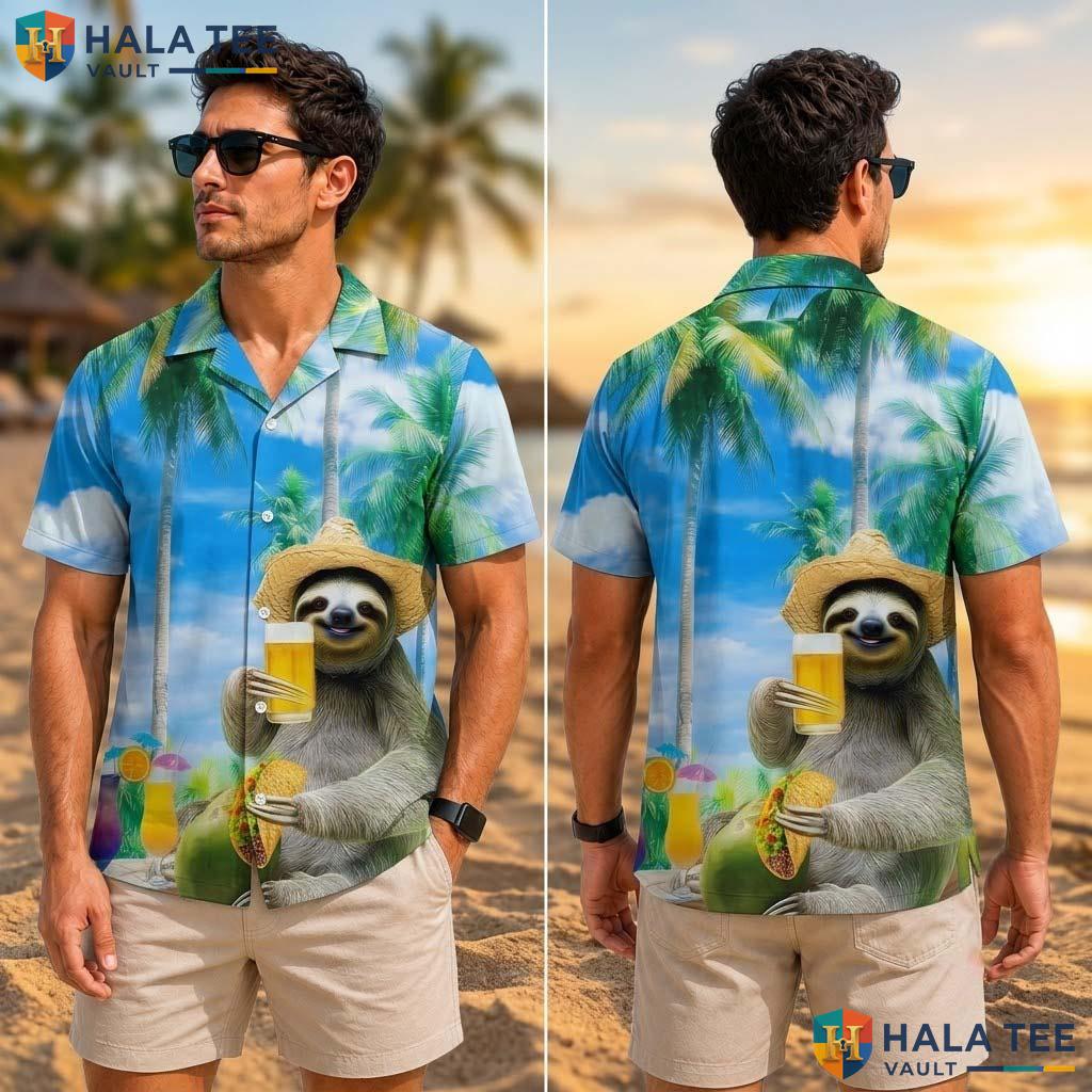 Funny Sloth Tropical Tropical Shirt Vibrant Tropical Palm Relaxed Button Up