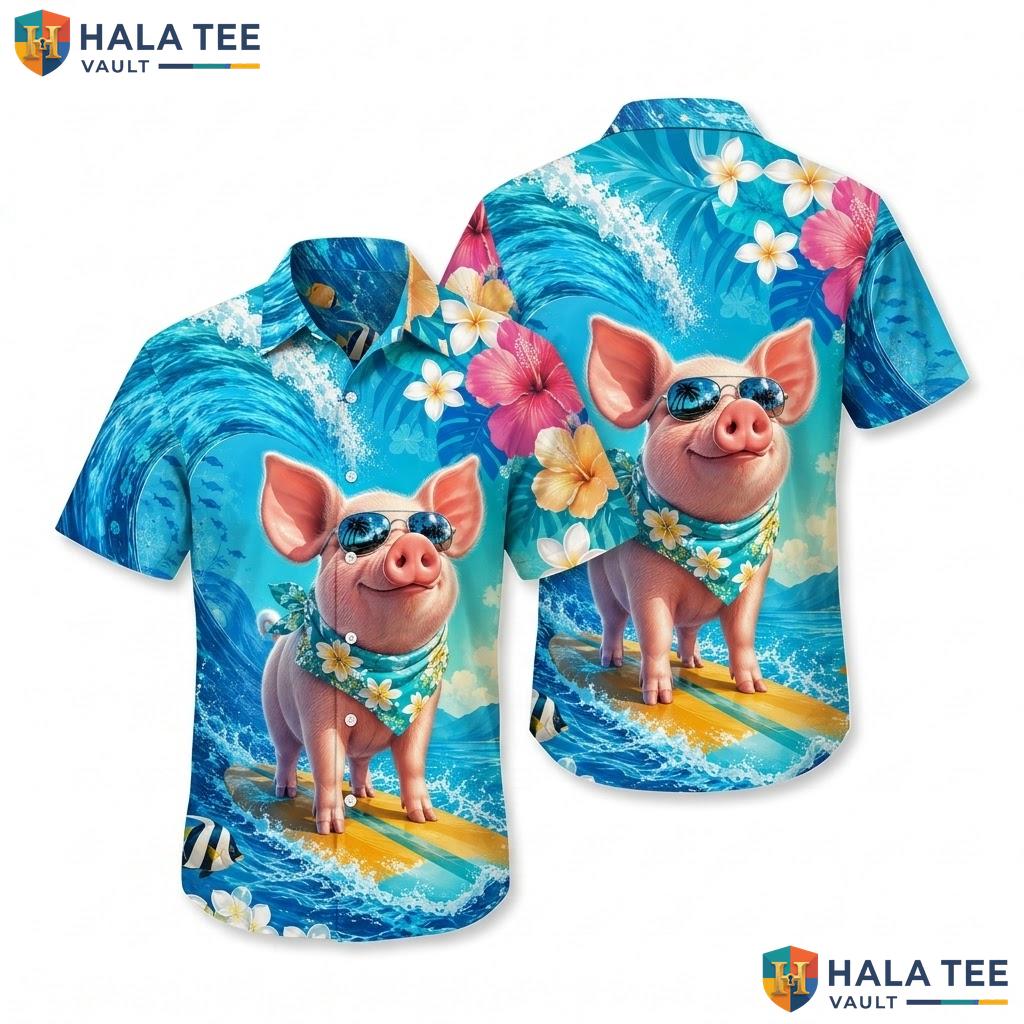 Funny Surfing Pig Hawaiian Shirt Tropical Floral Short Sleeve Beach Top