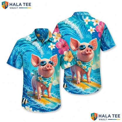 Funny Surfing Pig Hawaiian Shirt Tropical Floral Short Sleeve Beach Top