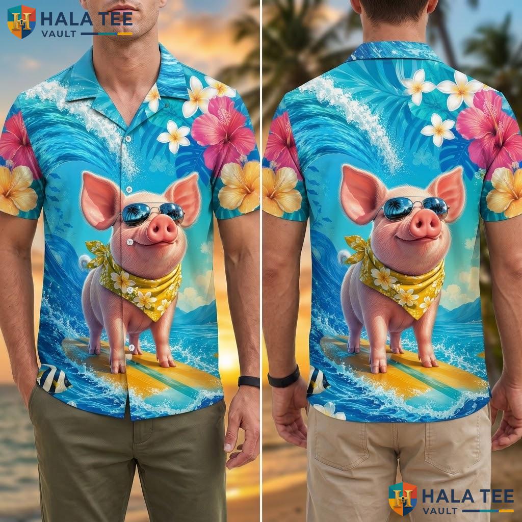 Funny Surfing Pig Hawaiian Shirt Tropical Floral Short Sleeve Beach Top Adult
