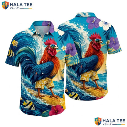 Funny Surfing Rooster Hawaiian Shirt Vibrant Tropical Summer Beach Apparel