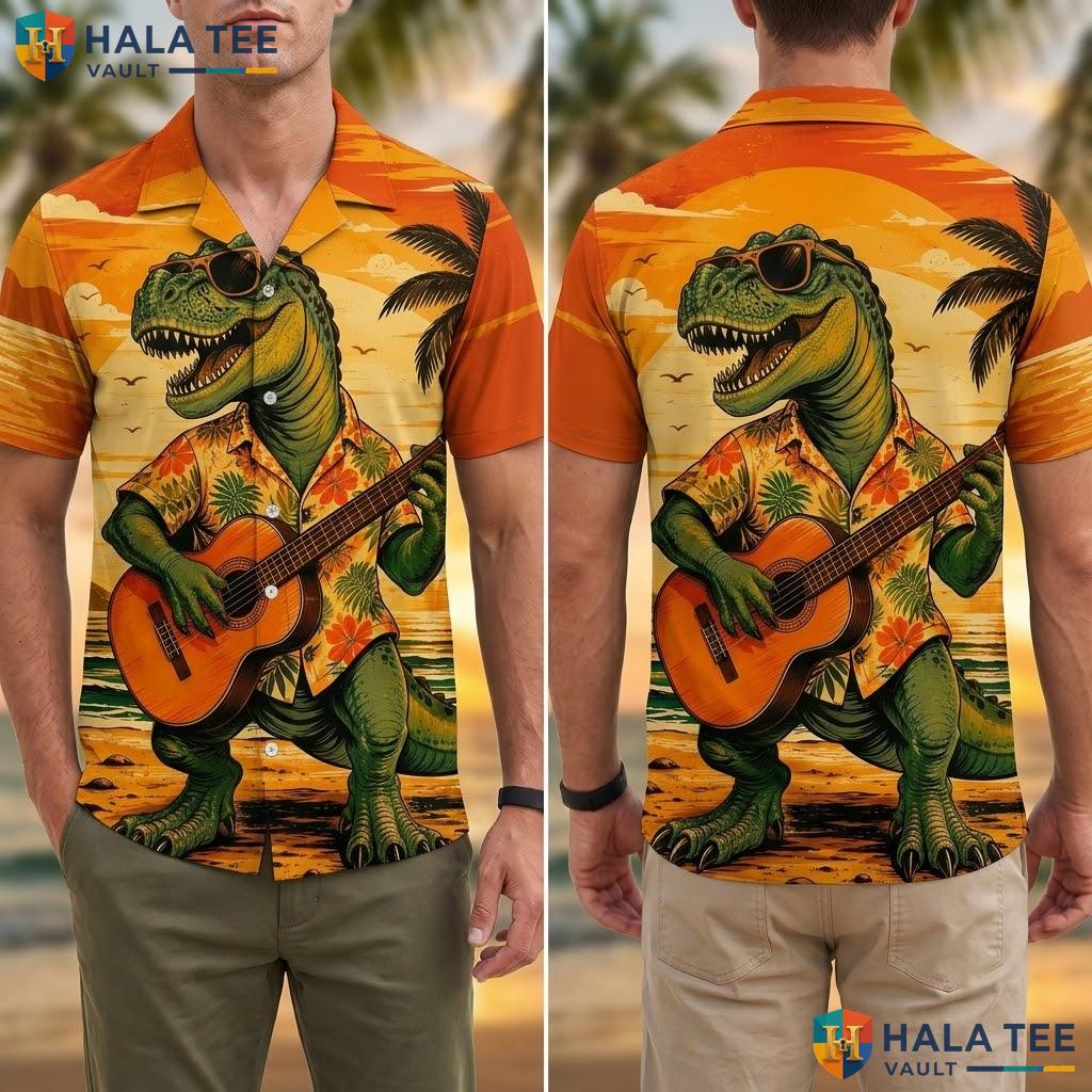 Funny T Rex Guitar Aloha Shirt Vibrant Tropical Cartoon Dinosaur Sunset Adult