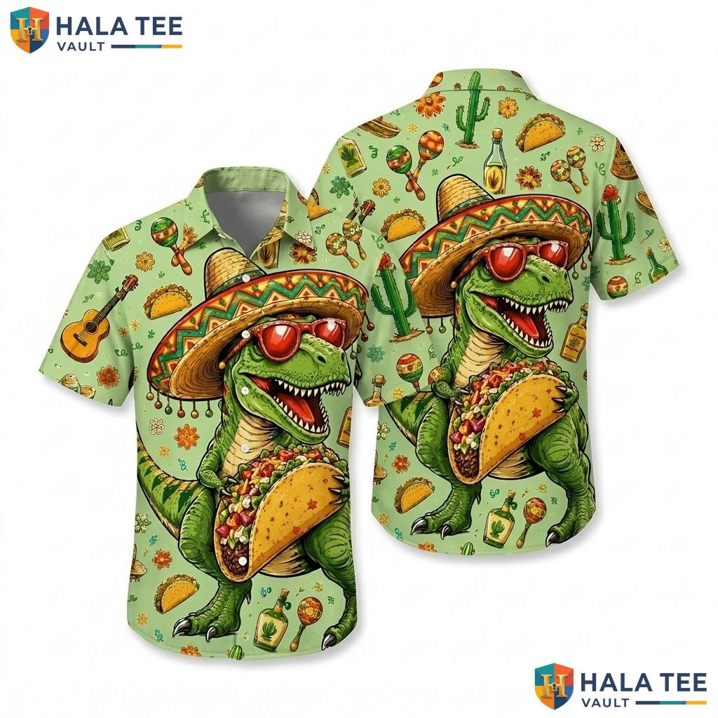 Funny T Rex Taco Hawaiian Shirt Vibrant Dinosaur Sombrero Cacti Button Down