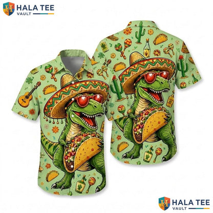 Funny T Rex Taco Hawaiian Shirt Vibrant Dinosaur Sombrero Cacti Button Down