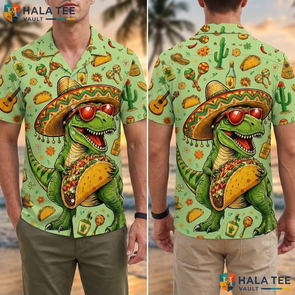 Funny T Rex Taco Hawaiian Shirt Vibrant Dinosaur Sombrero Cacti Button Down Adult