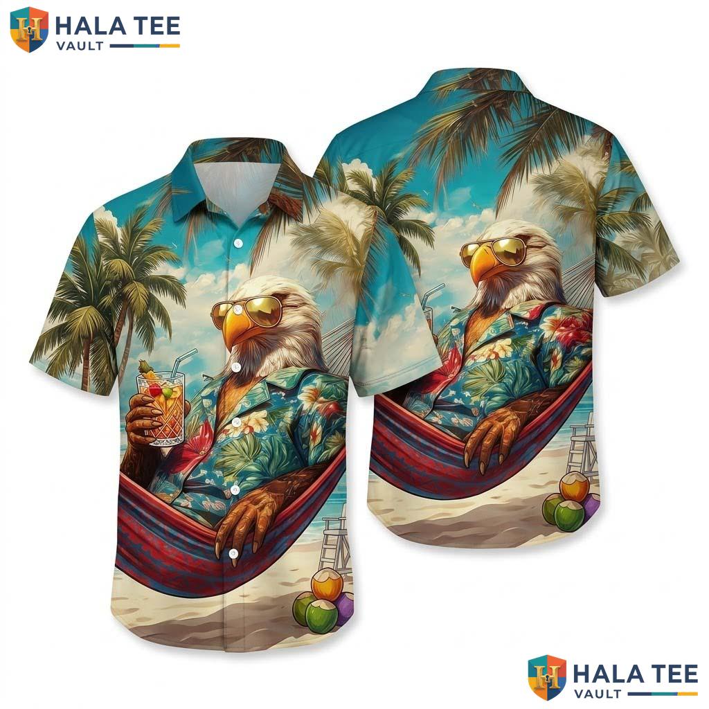 Funny Tropical Eagle Hawaiian Shirt Vibrant Tropical Palm Cocktail Button Up