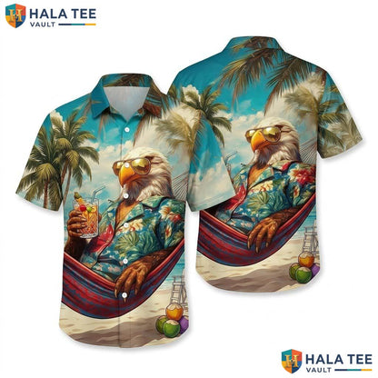 Funny Tropical Eagle Hawaiian Shirt Vibrant Tropical Palm Cocktail Button Up