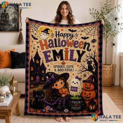 Funny Witch Cat Halloween Blanket Custom Name Ghost Pumpkin Throw