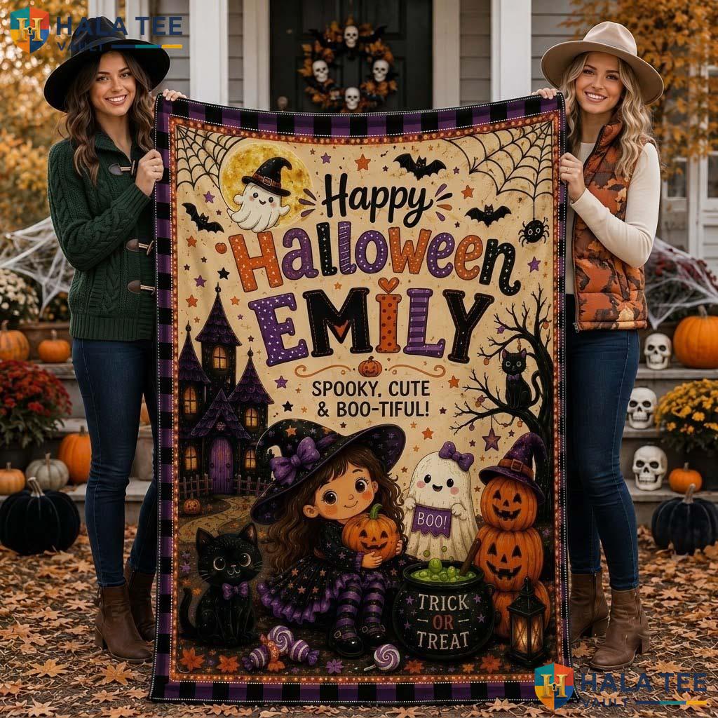 Funny Witch Cat Halloween Blanket Custom Name Ghost Pumpkin Throw