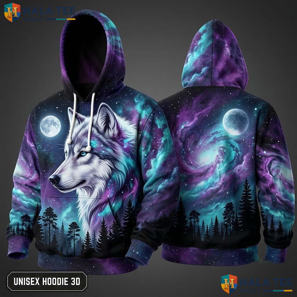 Galaxy Pine Tree Wolf 3D Hoodie Vibrant Cosmic Graphic Streetwear Top