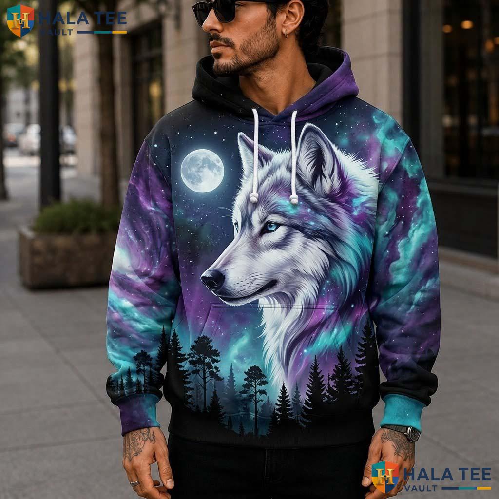 Galaxy Pine Tree Wolf 3D Printed Hoodie Vibrant Cosmic Graphic Streetwear Top