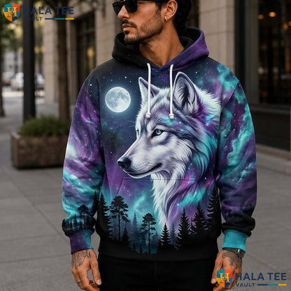 Galaxy Pine Tree Wolf 3D Printed Hoodie Vibrant Cosmic Graphic Streetwear Top