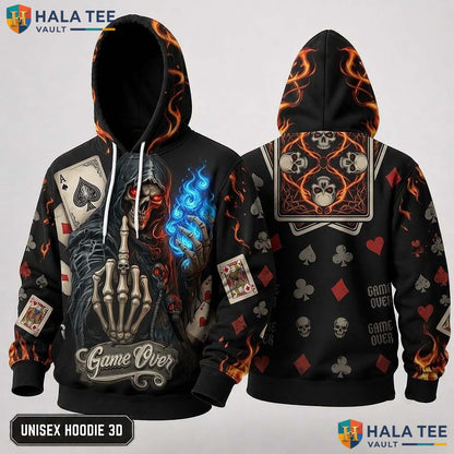Game Over Grim Reaper 3D Hoodie Edgy Playing Card Graphic Sweatshirt