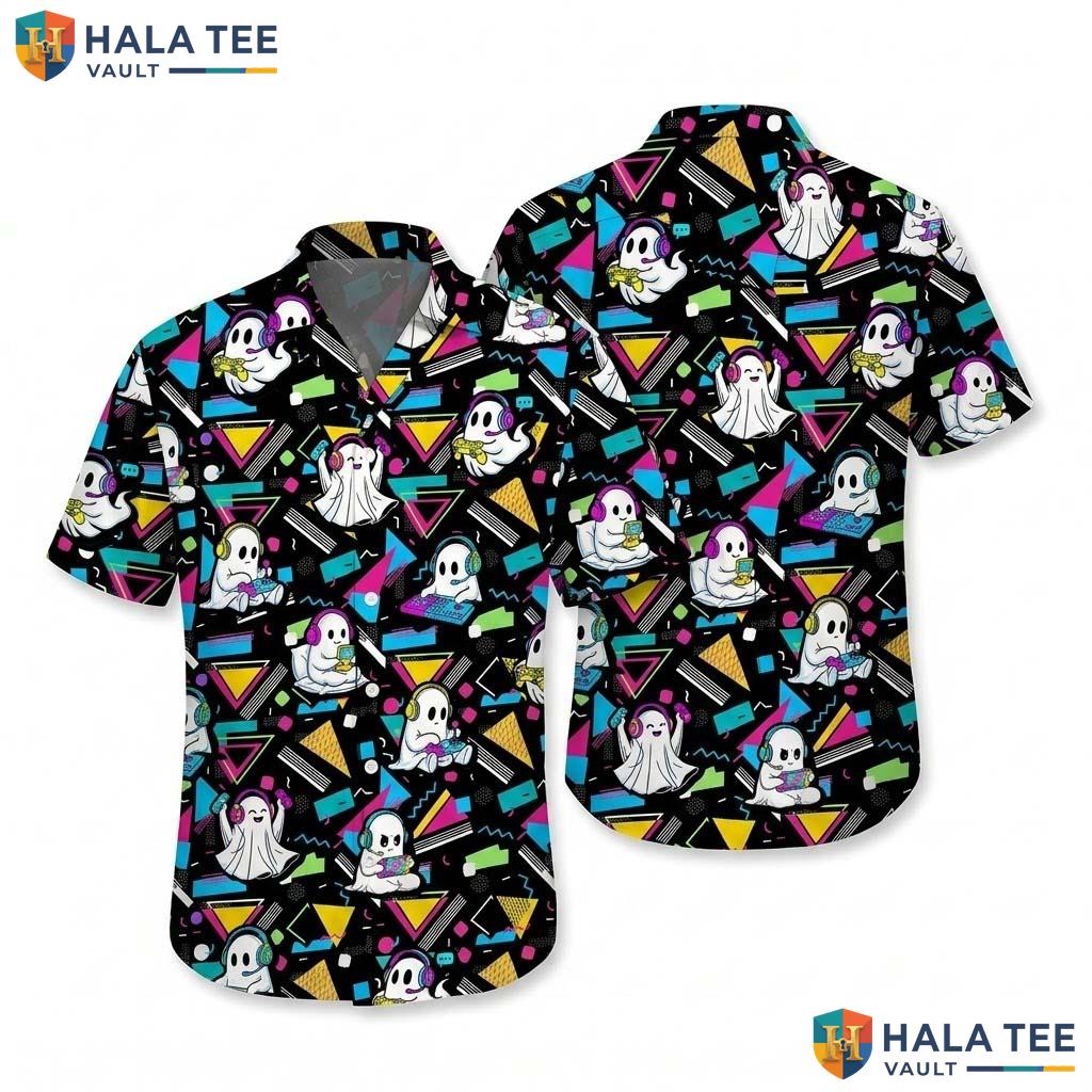 Gamer Ghost Halloween Hawaiian Shirt Retro Memphis Spooky Aloha Top