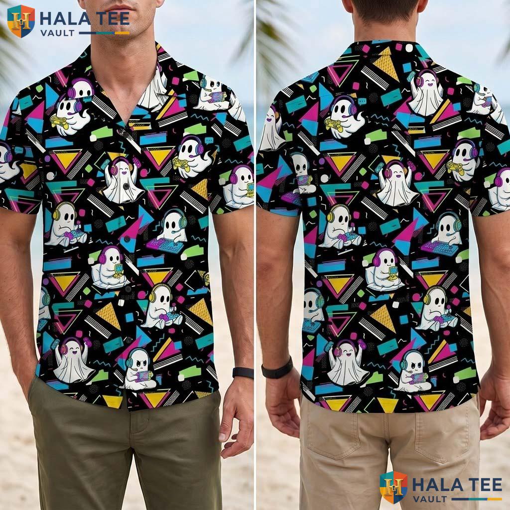 Gamer Ghost Halloween Hawaiian Shirt Retro Memphis Spooky Aloha Top Adult