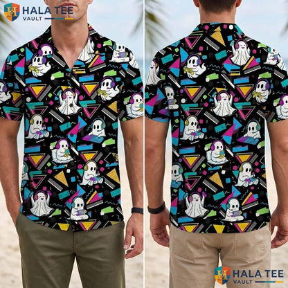 Gamer Ghost Halloween Hawaiian Shirt Retro Memphis Spooky Aloha Top Adult