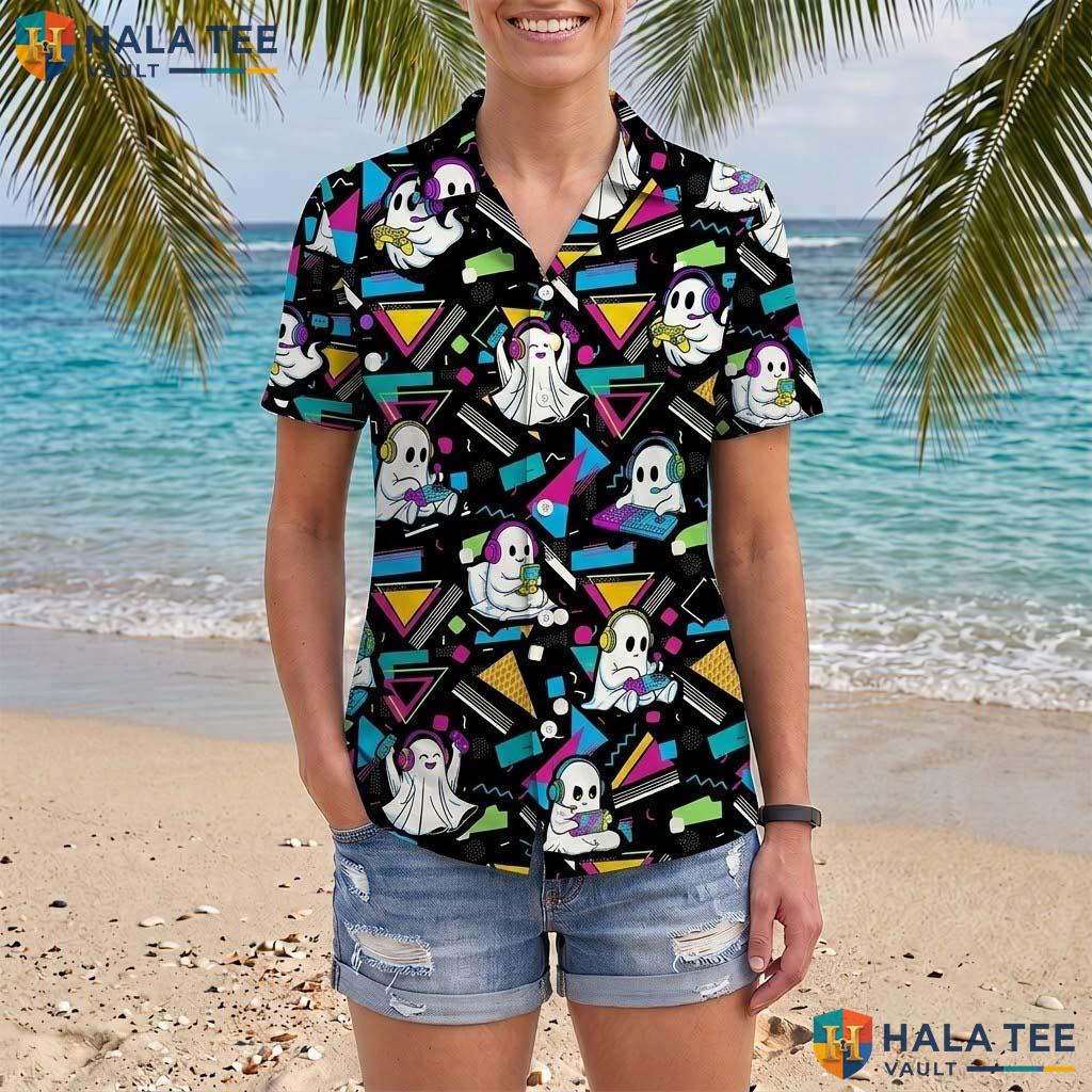 Gamer Ghost Halloween Hawaiian Shirt Retro Memphis Spooky Aloha Top Adult