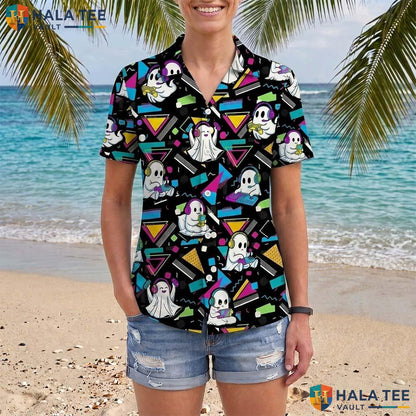 Gamer Ghost Halloween Hawaiian Shirt Retro Memphis Spooky Aloha Top Adult