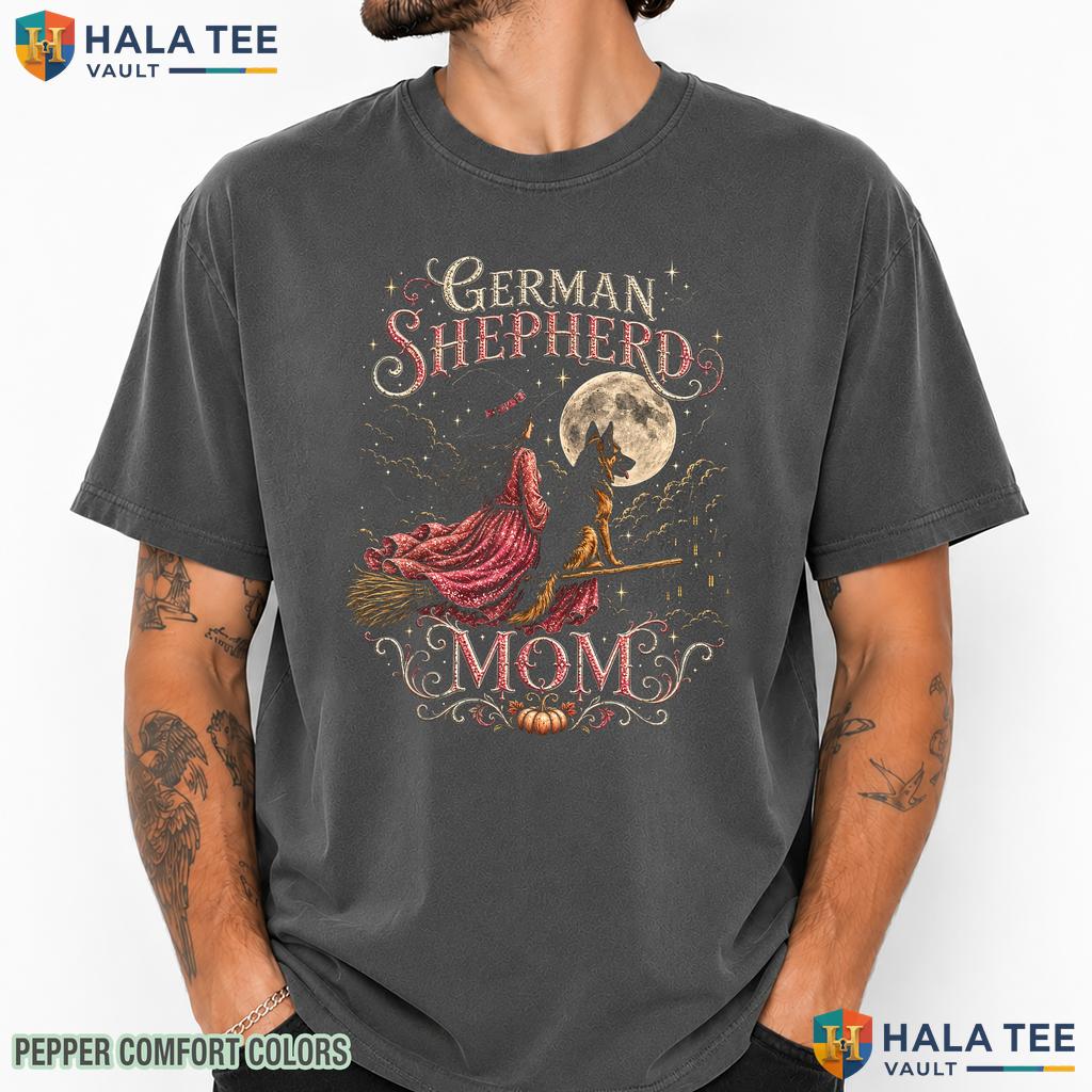 German Shepherd Witch Broomstick Comfort Colors T-Shirt Halloween Dog