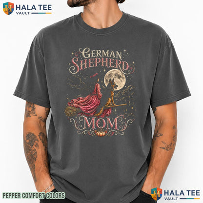 German Shepherd Witch Broomstick Comfort Colors T-Shirt Halloween Dog