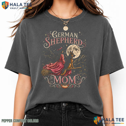 German Shepherd Witch Broomstick Garment-Dyed T-Shirt Halloween Dog