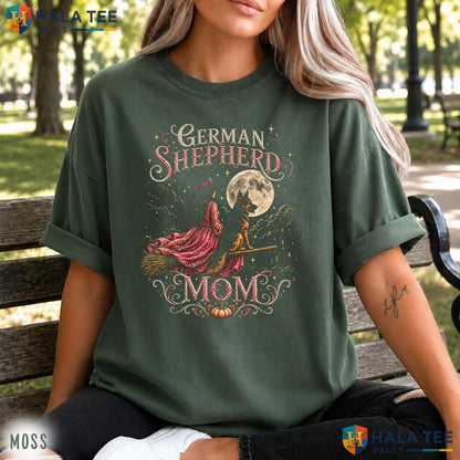 German Shepherd Witch Broomstick Retro Style T-Shirt Halloween Dog