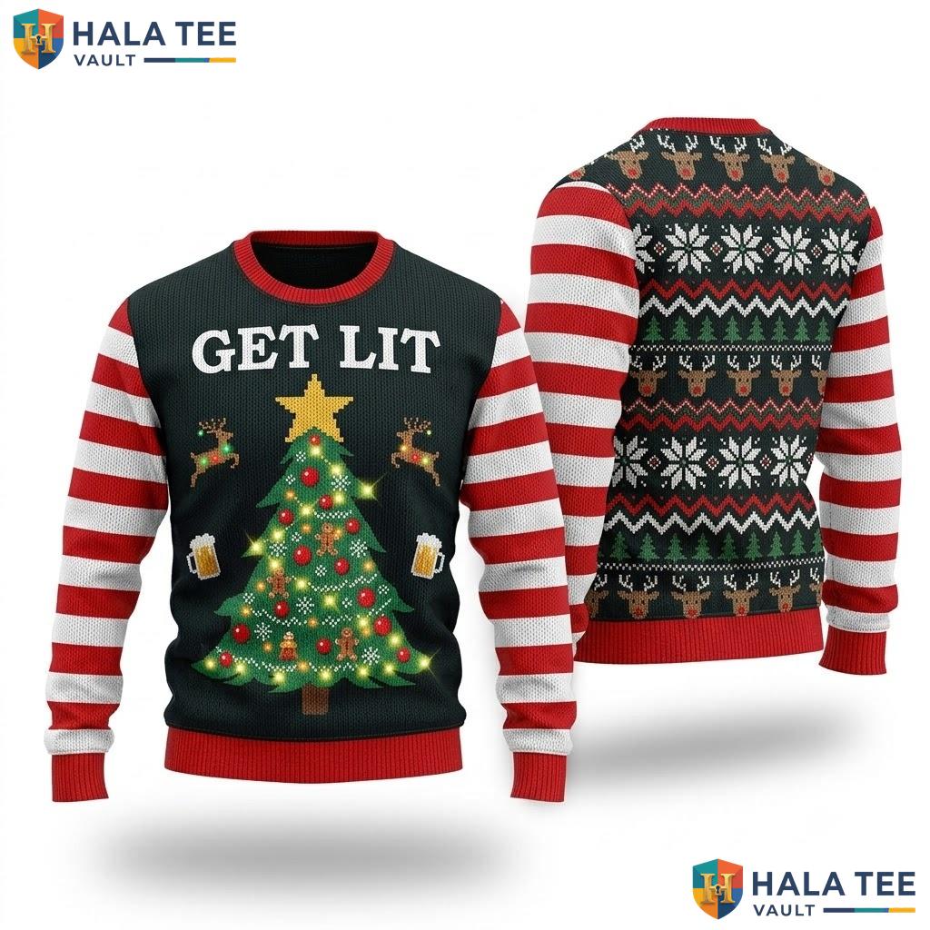 Get Lit Christmas Tree Ugly Xmas Sweater Funny Beer Mugs Graphic Outfit