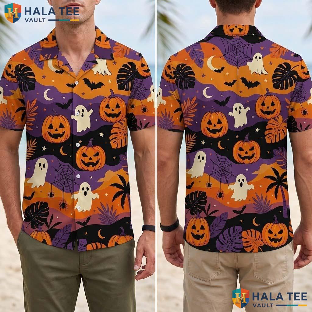 Ghost Beach Halloween Hawaiian Shirt Spooky Pumpkin Vacation Aloha Adult