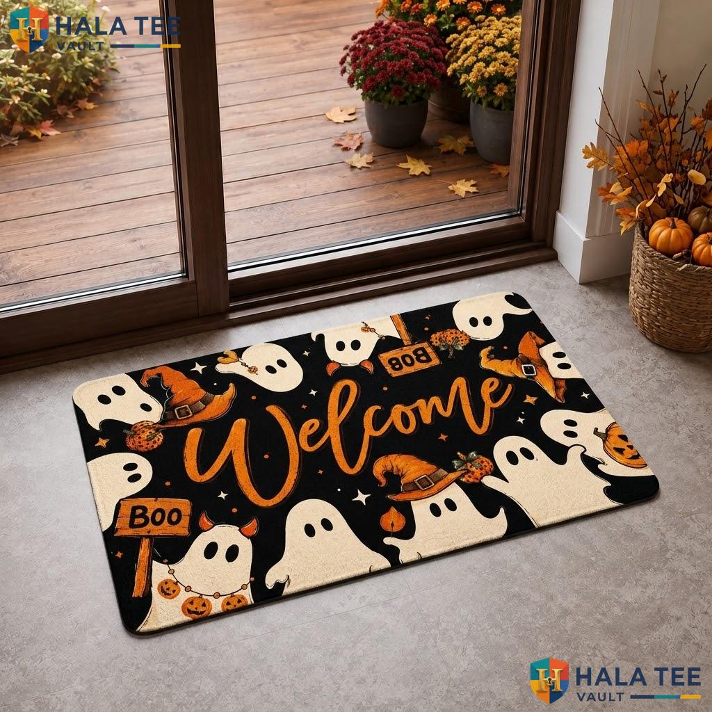 Ghost Boo Halloween Welcome Doormat Spooky Indoor Outdoor Low Profile Rug