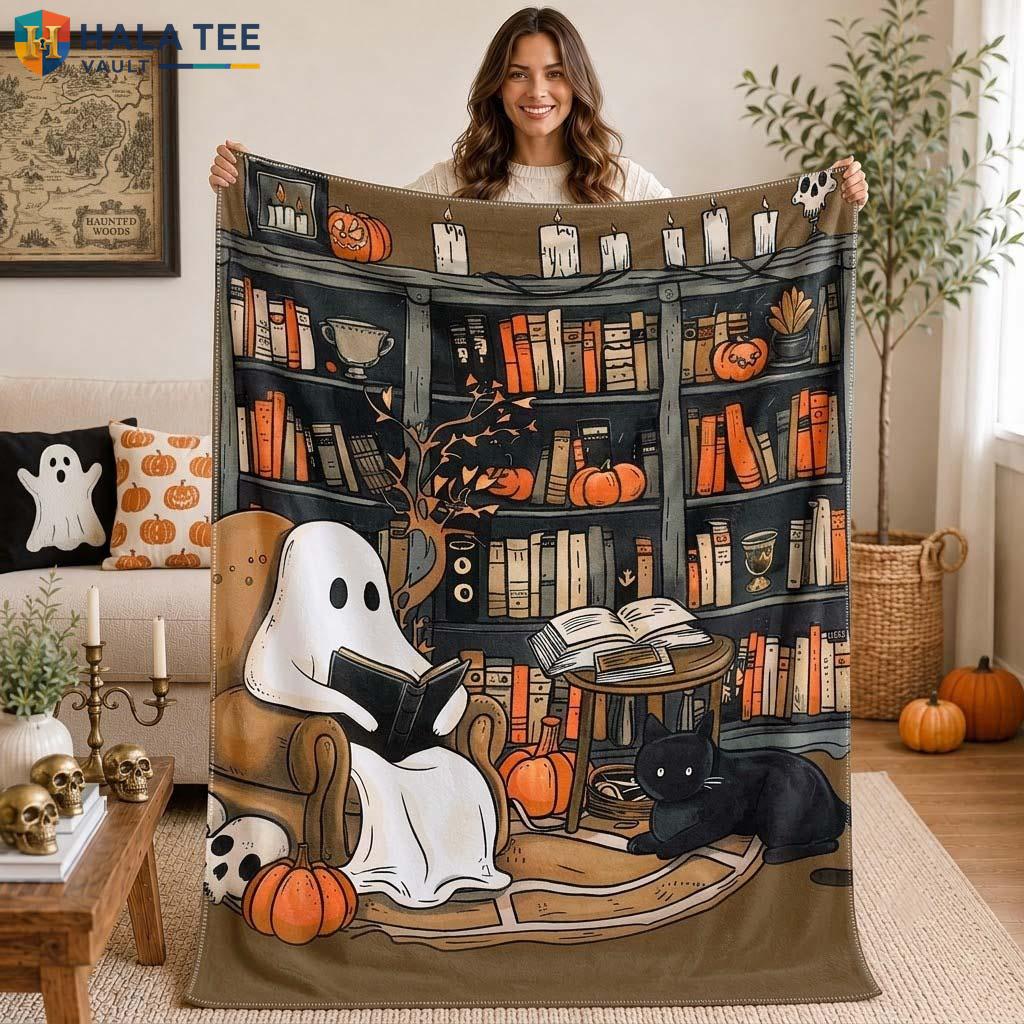 Ghost Book Lover Halloween Fleece Blanket Spooky Reading Bookworm Throw