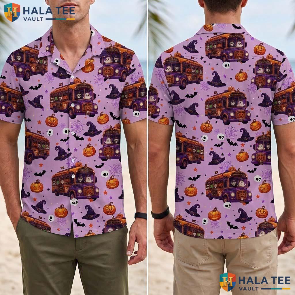 Ghost Bus Halloween Hawaiian Shirt Spooky Pumpkin Party Aloha Top Adult