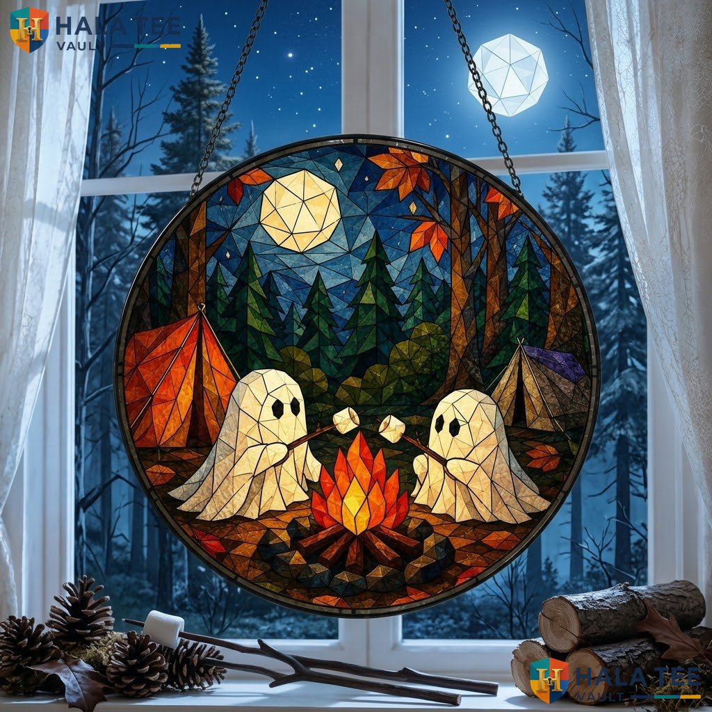 Ghost Campfire Halloween Stained Glass Suncatcher Whimsical Autumn Garden Art