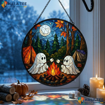 Ghost Campfire Halloween Stained Glass Suncatcher Whimsical Autumn Garden Art Adult