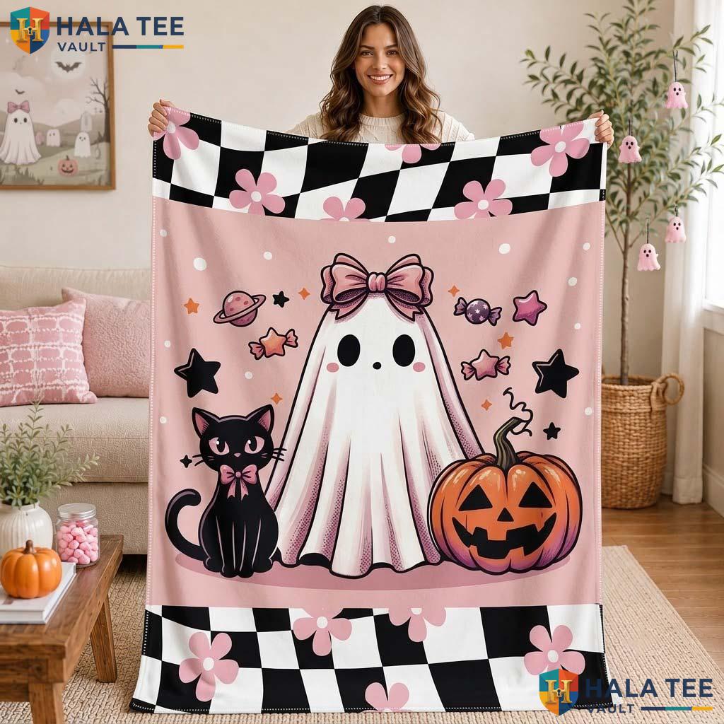 Ghost Cat Halloween Blanket Custom Name Kids Cozy Throw Spooky Decor
