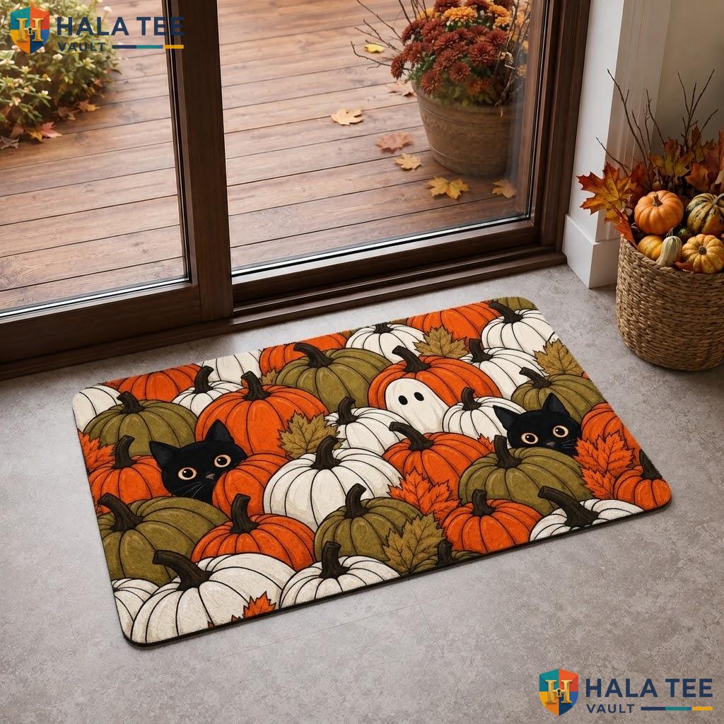 Ghost Cat Pumpkin Halloween Doormat Spooky Faux Coir Non Slip Front Porch