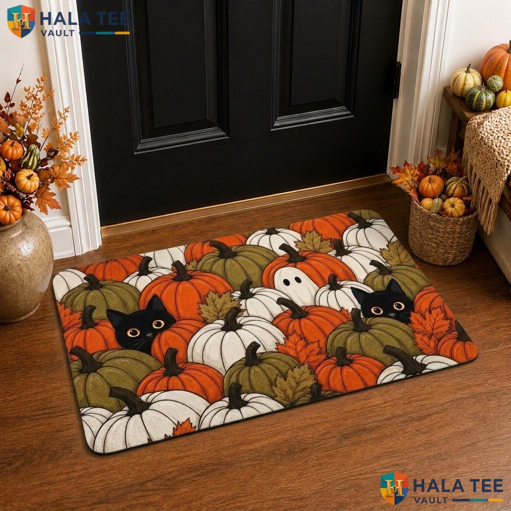 Ghost Cat Pumpkin Halloween Front door mat Spooky Faux Coir Non Slip Front Porch