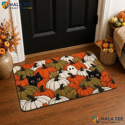 Ghost Cat Pumpkin Halloween Front door mat Spooky Faux Coir Non Slip Front Porch