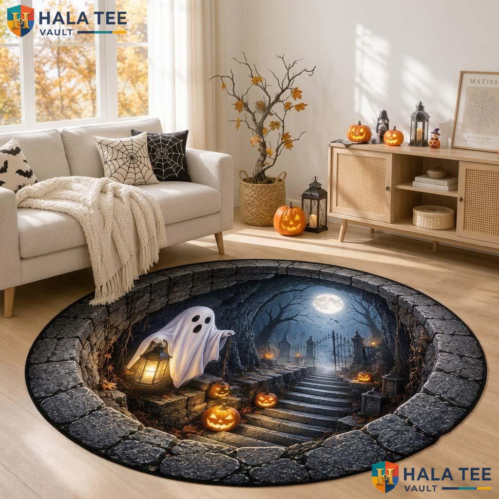 Ghost Cemetery Halloween Round Area Rug 3D Haunted Spooky Floor Mat