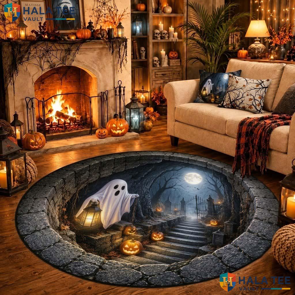 Ghost Cemetery Halloween Round Area Rug 3D Haunted Spooky Floor Mat Adult