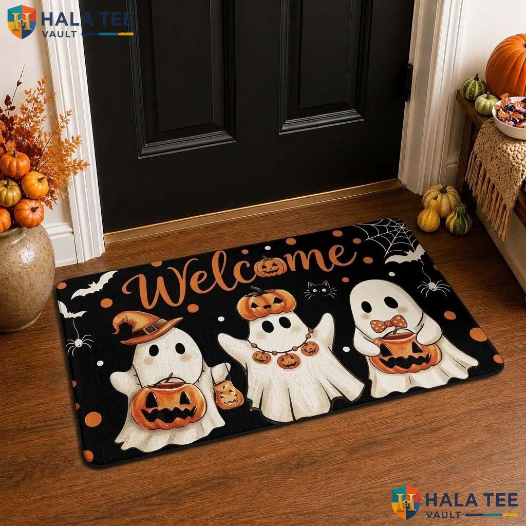 Ghost Character Fall Front door mat Festive Playful Welcome Rug Entryway Decor