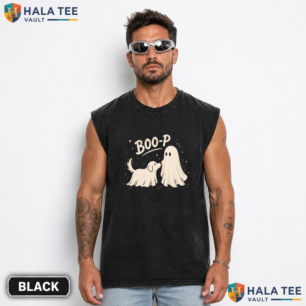Ghost Dog Boo P Streetwear Washed T-Shirt Whimsical Halloween Pet Lover Graphic Top