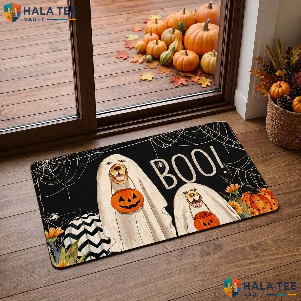Ghost Dog Halloween Doormat Pumpkin Spider Web Accent Spooky Entry Rug