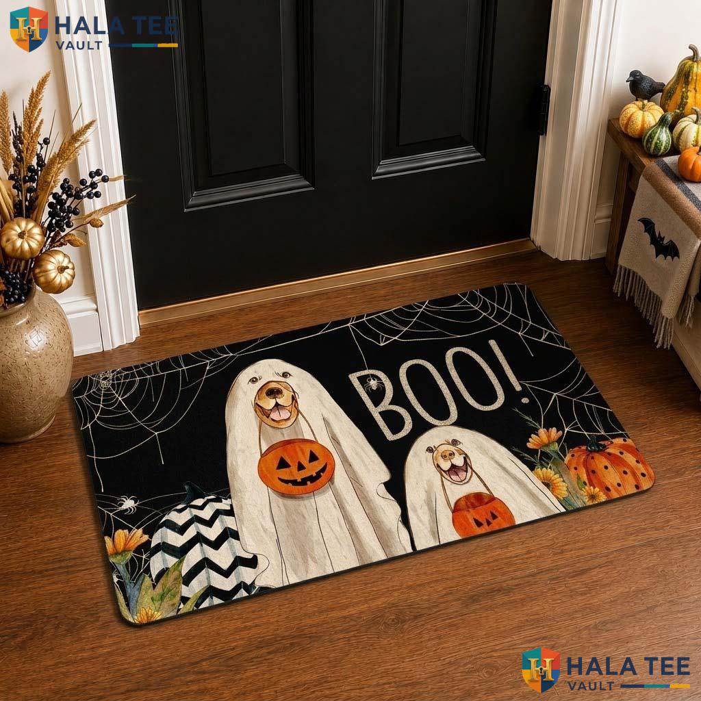 Ghost Dog Halloween Front door mat Pumpkin Spider Web Accent Spooky Entry Rug