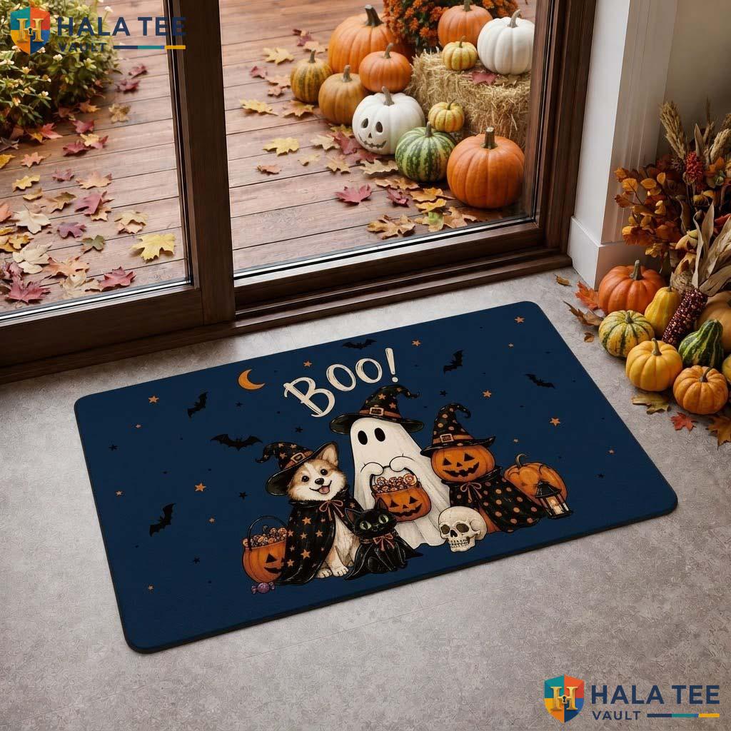 Ghost Dog Lover Fall Doormat Funny Cat Pumpkin Porch Decor Entrance Rug